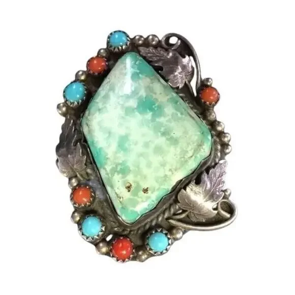 Antique Navajo Ring Green Turquoise Sterling Silver Native Indian Signed Sz10.5 - Picture 9 of 12